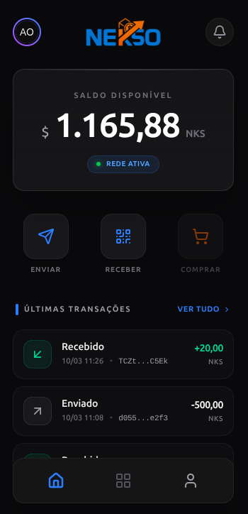 Interface da Nekso Wallet mostrando saldo em NKS